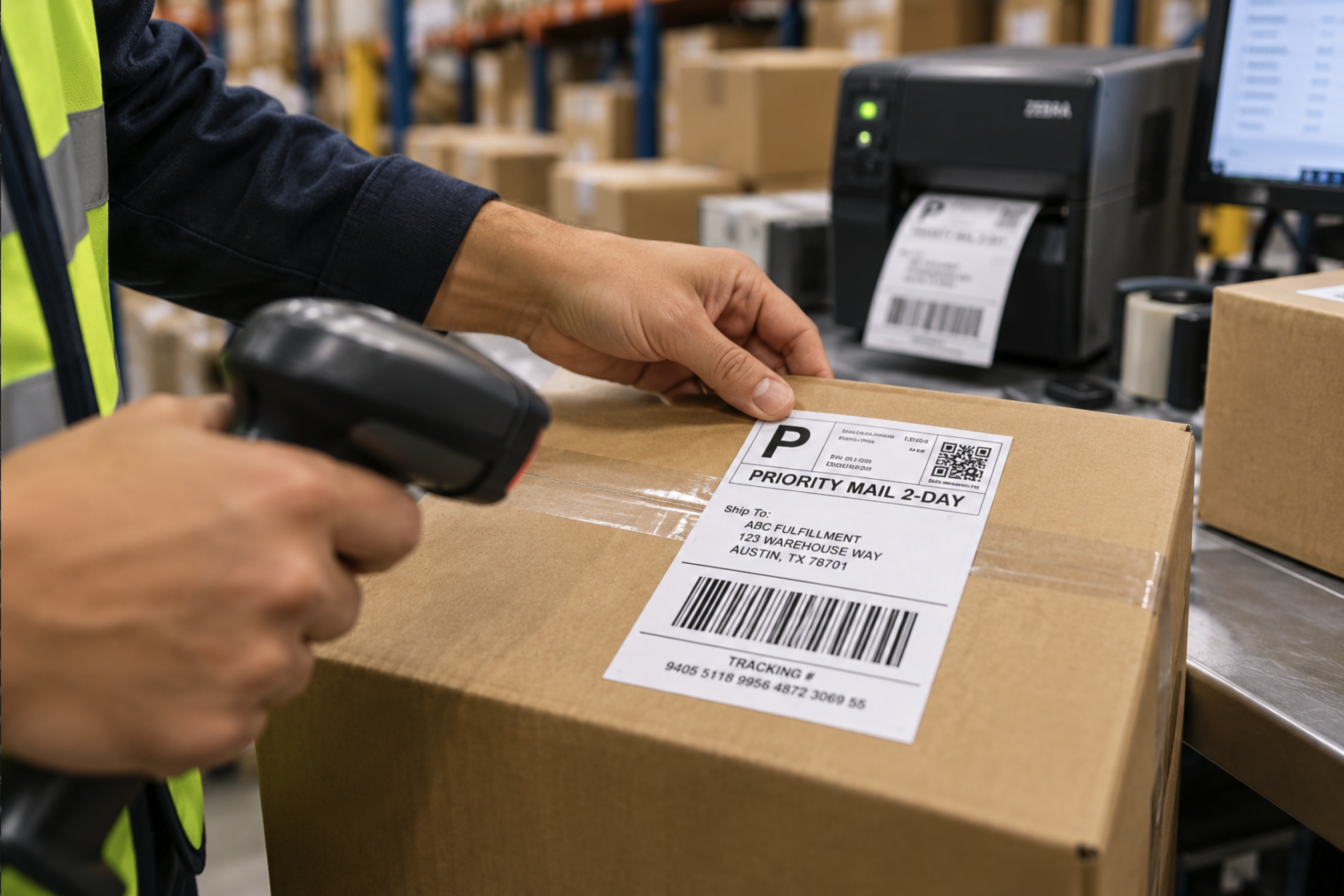 Printed thermal barcode label being applied to a package