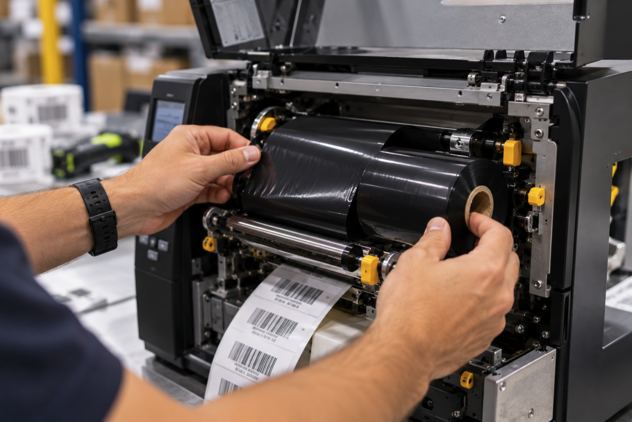 Thermal transfer ribbon being installed in an industrial label printer
